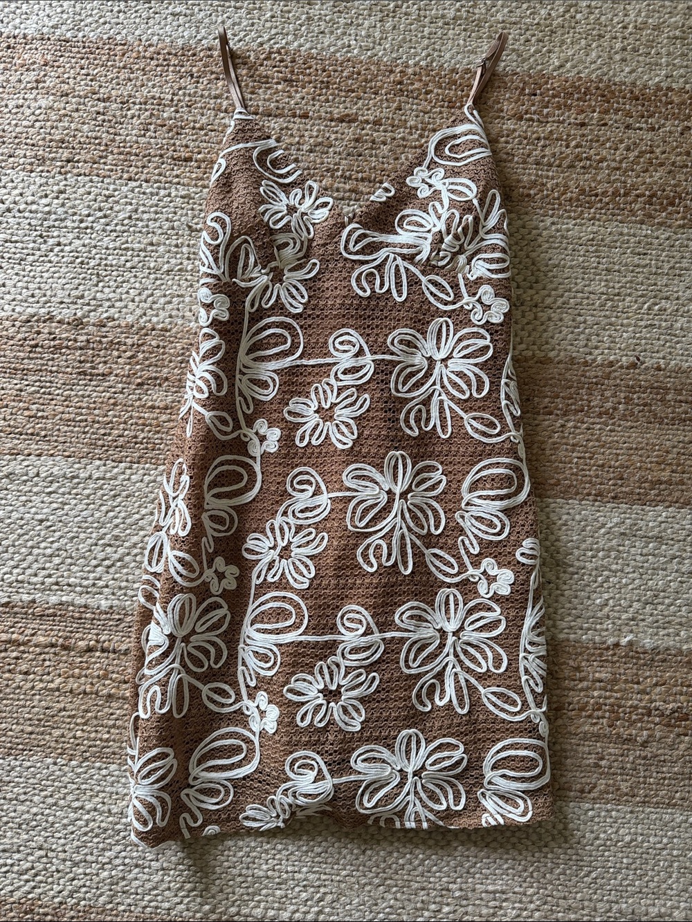 Brown Floral Lace Slip Dress with White Appliqué